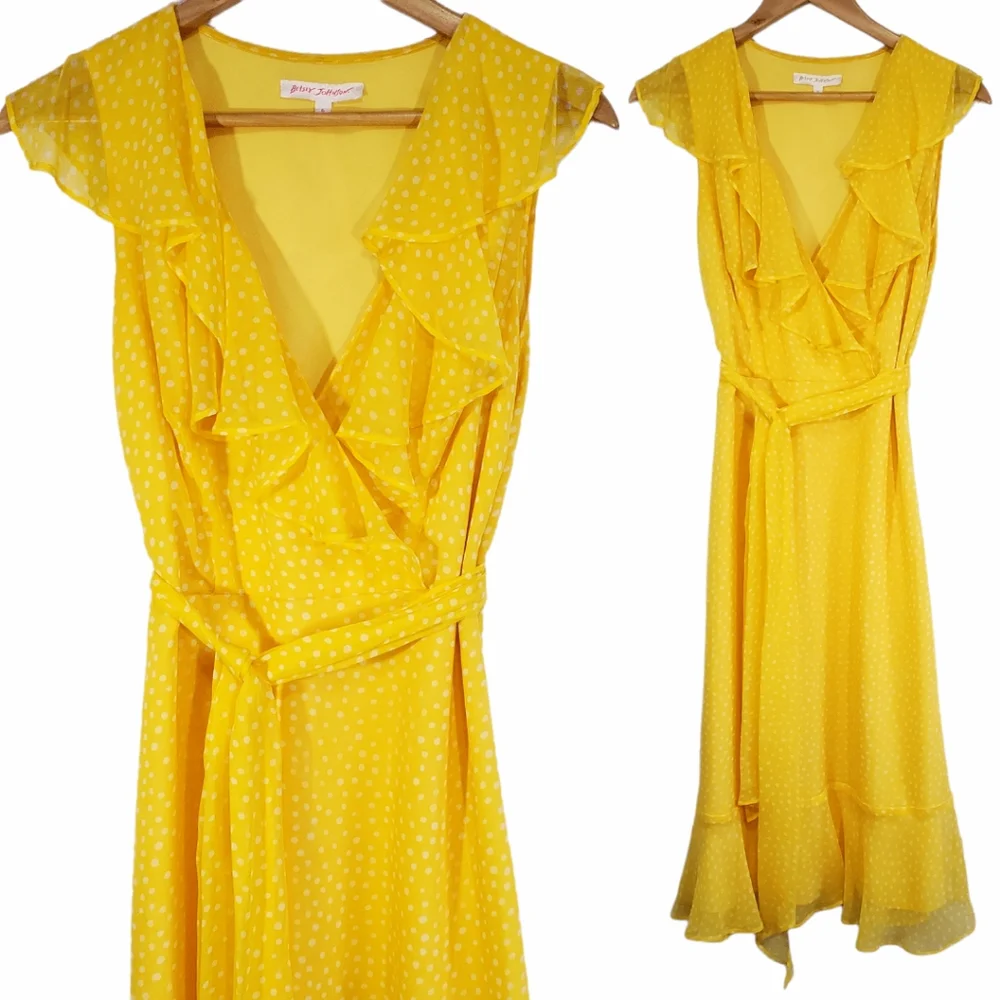 *RARE* Vintage 90's Betsey Johnson Yellow Silk Polka Dot Belted Ruffle Dress - Picture 1 of 8